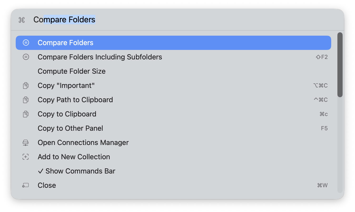 DoubleXplorer Command Palette interface